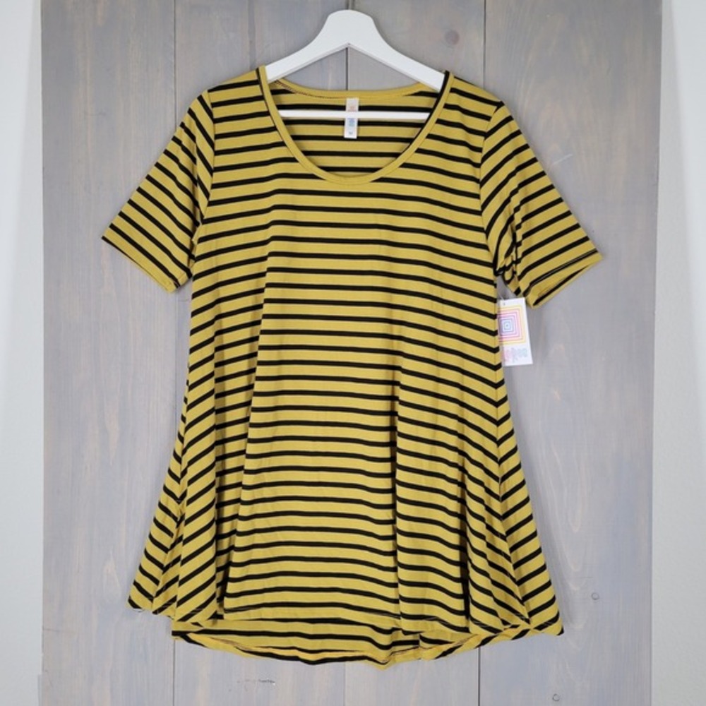 LuLaRoe Perfect T Top Women Medium Yellow‎ Black Striped Flared Side Slit Tunic